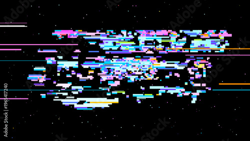 Pixelated glitch vector with red pink tones, digitalism concept in signal noise aesthetics for tech and gaming use. Dark background with subtle noise enhances contrast. Ideal for tech branding, UI,...