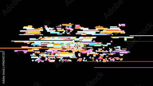 Pixelated glitch vector with red pink tones, digitalism concept in signal noise aesthetics for tech and gaming use. Dark background with subtle noise enhances contrast. Ideal for tech branding, UI,...