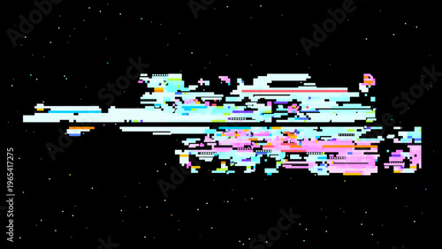 Abstract digital glitch vector in signal noise style with red pink accents, focused on digitalization and data transformation. Dark background with subtle noise enhances contrast. Ideal for tech br...