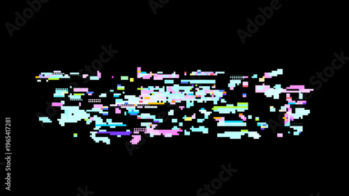 Pixelated glitch vector with red pink tones, digitalism concept in signal noise aesthetics for tech and gaming use. Dark background with subtle noise enhances contrast. Ideal for tech branding, UI,...