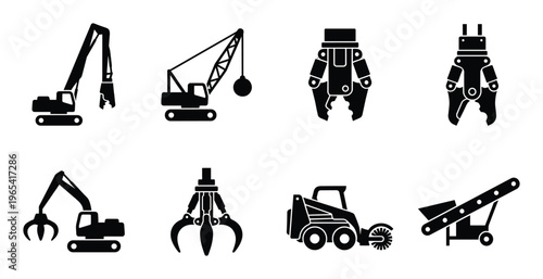 Construction demolition equipment icons set excavator crane claw excavator loader grapple conveyor