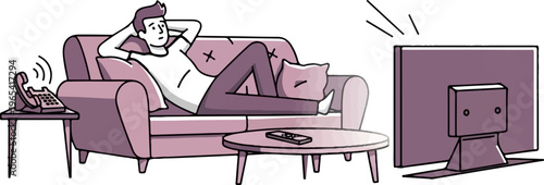 Person relaxing on couch watching TV, phone ringing on side table