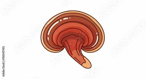 Cartoonish, reddish-brown mushroom with layered cap and a thick stem