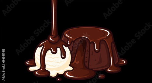 Rich chocolate cake with a scoop of ice cream and hot fudge topping