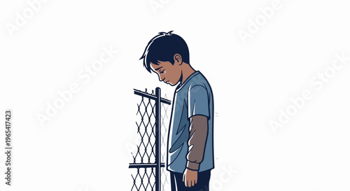 Sad boy in blue shirt leaning head over fence