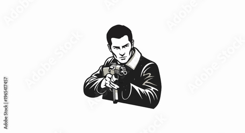 Dramatic man with gun in black and white, aiming forward