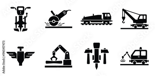 Construction tools and industrial machinery icons jackhammer grinder train crane robotic arm