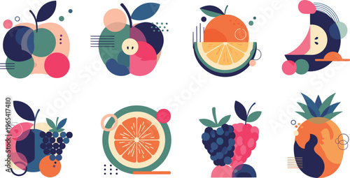 Vector Set of Splashing FruiaAbstract Fruit Vector Set with Oranges, Apples, Grapes, Pineapples, and Colorful Geometric Elements for Creative, Modern 