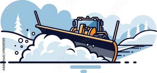 Snow plow clearing a winter path with trees and clouds