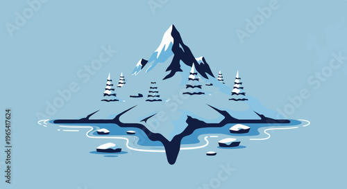 Snow-covered mountain peak with icy water and evergreen trees