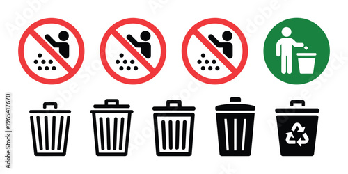 Waste Management And Recycling Icon Set, Red Prohibition Sign Icons Representing Restricted Trash Disposal And Recycling Rules, Clean Minimal Symbols For Environmental Safety, Waste Control