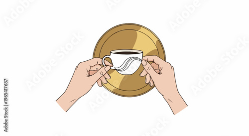 Hands hold a white cup filled with dark liquid on a golden saucer