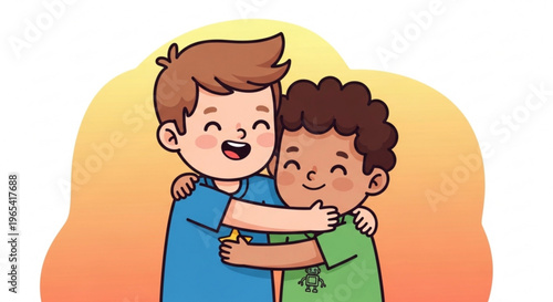 Two boys hugging each other with smiling faces on warm orange background