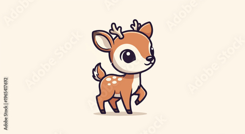 Adorable cartoon fawn with large eyes and small antlers walks happily