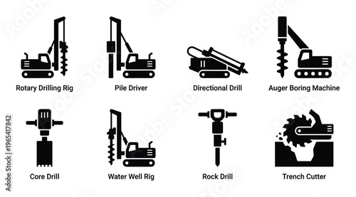 Drilling machinery icons rotary rig pile driver directional drill auger core water rock trench cutter