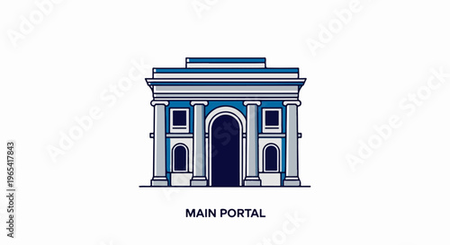 Stylized archway with columns, neoclassical design, blue and white