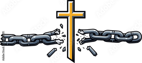 A yellow and white cross breaks a metal chain into pieces