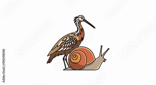 A whimsical drawing of a bird standing next to a snail