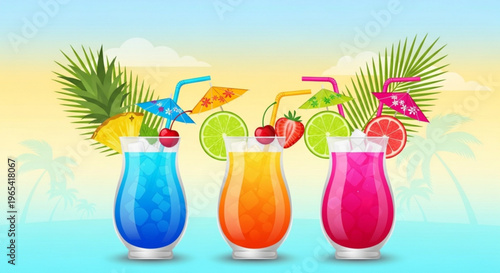Three colorful cocktails with umbrellas and fruit on a tropical beach background with palm trees
