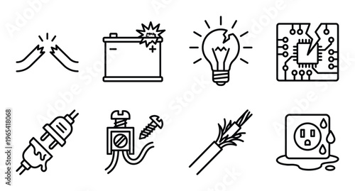 Electrical damage and component failure icons representing short circuit and broken power equipment