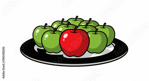 A single red apple stands out among a pile of green apples on a black plate