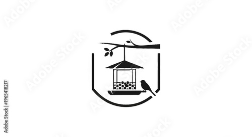 Silhouette of bird feeder with seed and a bird on a branch