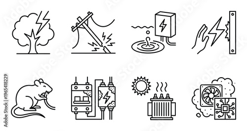 Electrical hazards and power failure causes icons vector set showing dangerous situations with wire