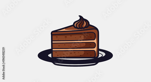 A rich chocolate cake slice with creamy frosting on a dark plate