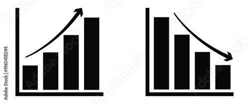 Black Bar Chart Icons with Upward and Downward Arrows Representing Financial Success, Market Loss, Business Growth Trends, and Economic Statistical Data Analysis.