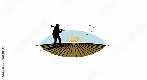 Silhouette of farmer in hat carrying hoe over shoulder in field