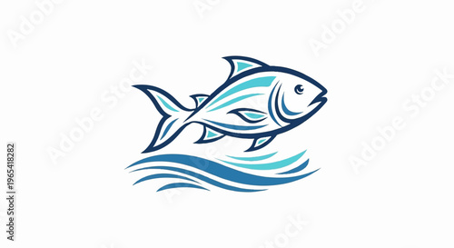 Stylized blue fish jumping over blue waves