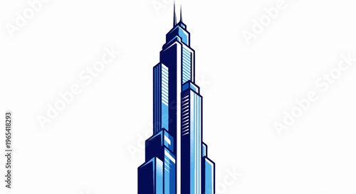 Stylized blue skyscraper with pointed top and stepped facade