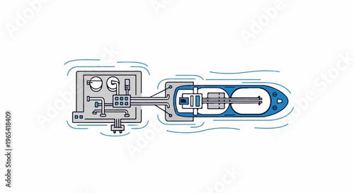 Stylized illustration of a submarine connected to a complex system