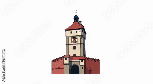 A historic stone tower with a clock face and crenellated walls