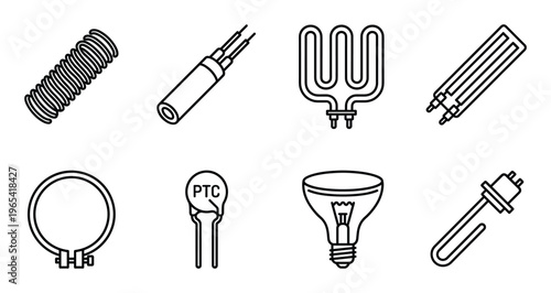 Electrical heating elements and components icons featuring coil immersion heater bulb and thermistor
