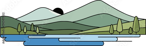 Stylized landscape with layered hills, trees, and a calm body of water under a partially obscured sun