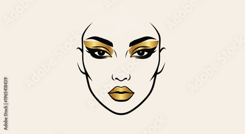 Striking face with dramatic golden eye makeup and lips