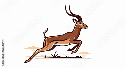 Stylized antelope leaping through savanna grass with scattered trees