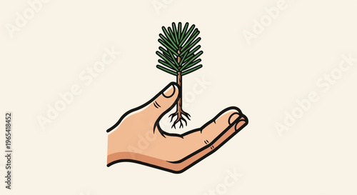 A hand cradles a tiny pine sapling with roots exposed