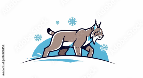 Stylized lynx walks in a snowy landscape with snowflakes falling
