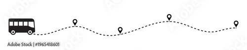Bus icon on a dotted line path from a location pin. Travel navigation routes with dash line path, location pins and bus.