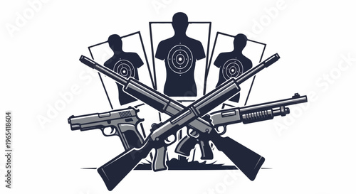 Three silhouette targets and crossed firearms