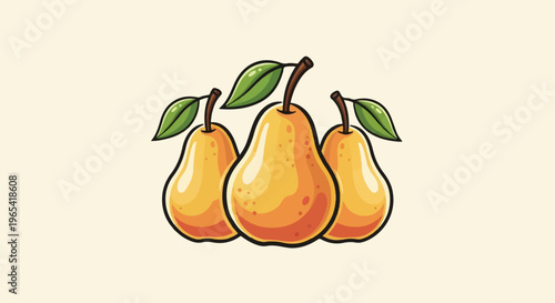 Three ripe, stylized pears with green leaves and brown stems