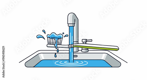 Toothbrush with toothpaste being rinsed under running water in a sink