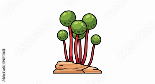 Stylized green bulbous plants on a sandy rock formation