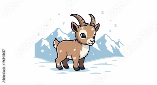 A cute cartoon ibex stands in a snowy mountainous landscape