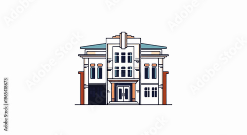 Stylized illustration of a multi-story building with a prominent central facade and roof