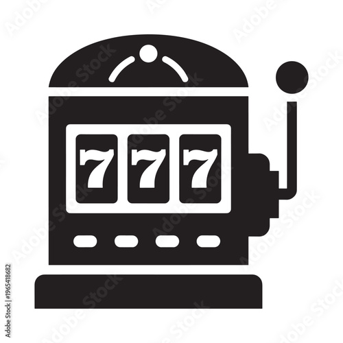 A simple black and white icon depicting a classic slot machine with sevens