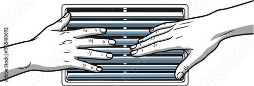 Two hands interacting with a segmented, striped object