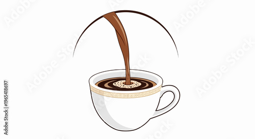 Hot coffee pouring into a white cup with a decorative rim